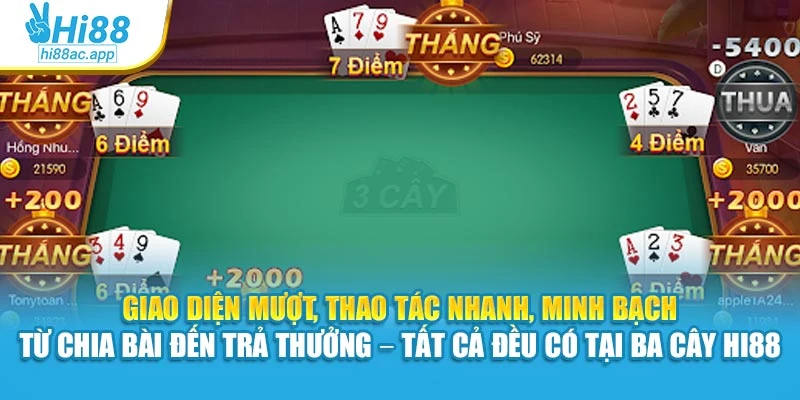 Cách Chơi Bài Phỏm Hi88 – Ăn Mỗi Ván, Tính Toán Chuẩn 3 Giao diện mượt, thao tác nhanh, minh bạch từ chia bài đến trả thưởng – tất cả đều có tại Ba Cây Hi88